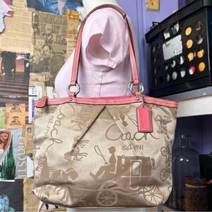 Y2K Vintage Coach Pink & Tan Horse Carriage Jacquard Shoulder Tote
